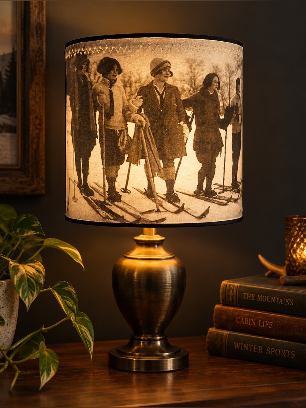 Black & White‎ Photograph of VTG Ski Ladies Photo Small Lamp Shade Decor